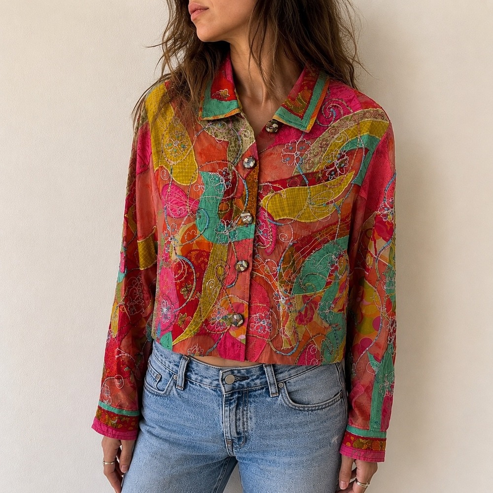 VTG 90s Anage Silk Patchwork Beaded Jacket XS Whimsigoth Art to Wear Boho Fairy